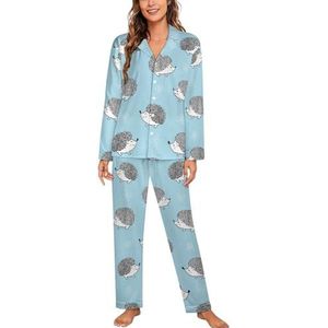 Leuke Aquarel Egels Blauw Fantasie Vrouwen Lange Mouw Button Down Nachtkleding Zachte Nachtkleding Lounge Pyjama Set XL
