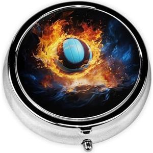 Pillendoos Volleybal in brand Ronde Pil Case 3 Compartiment Geneeskunde Pil Organizer Leuke Pil Organizer Draagbare Reizen Pillendoos Vitamine Kabeljauw Leverolie Opbergdoos Unieke Gift