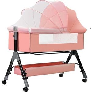 Babywiegje aan het bed, gemakkelijk opvouwbare babybedje met opbergmand, in hoogte verstelbare, zachte matras en wielen, wieg aan het bed(Pink)