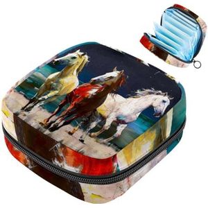 MUOOUM Opbergtas voor maandverband, hardlooppaarden olieverfschilderij menstruatiecup zakje, draagbaar maandverband opbergzakken vrouwelijke menstruatie eerste menstruatie tas voor tienermeisjes