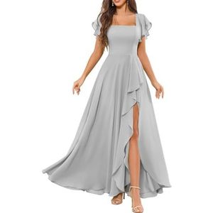 Chiffon galajurken met spleetplooien, bruidsmeisjesjurken voor bruiloft, cocktailjurk, grote maten, Zilver, 32