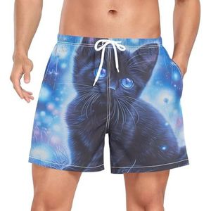 Cartoon Magic Cat Kitten Blue mannen zwembroek shorts sneldrogend met zakken, Leuke mode, L