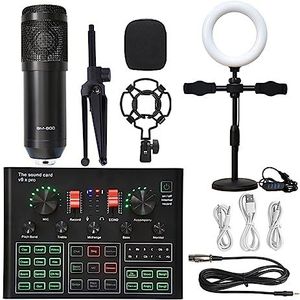 Geluidskaartkit, Microfoon Ring Fill Light Statief Mic Kit Met Live Geluidskaart Draadloze Karaoke Professionele Studio Condensator Microfoon(Black BM900 LED)