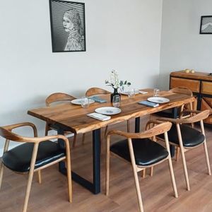 Ultimate Premium Products Handgemaakte Live Edge Walnoothouten eettafel met U-vormige metalen poten | Massief houten boerderij keukentafel | 200 x 91 cm