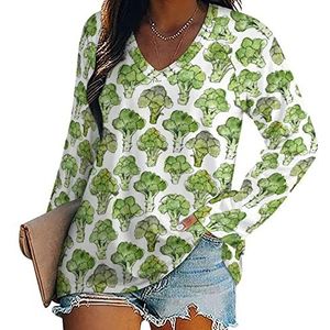 Vegan Broccoli dames lange mouwen V-hals T-shirts herfst tops pullover tuniek T-shirt voor leggings