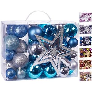 BRUBAKER 50-Delige Kerstballen Set met Boomtop - Kerstboomversiering in Blauw Zilver