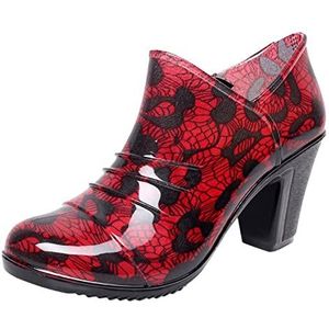 Regenlaarzen Winter Dames hoge hakken regenlaarzen pumps dikke hak korte buis regenlaarzen waterdichte waterschoen Regenschoenen (Color : Red, Size : 37)