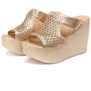 BKYWJTR6 Dames zomerplateau-pantoffels, sleehaksandalen, open tenen, zomerschoenen, goud, 42 EU