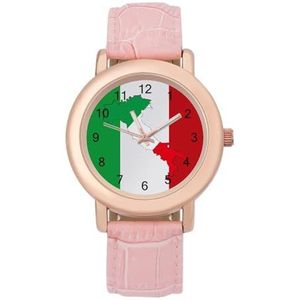 Vlag van Italië met Italiaanse kaart Vrouwen Horloge PU Strap Polshorloge Quartz Roze Valentijnsdag Gift