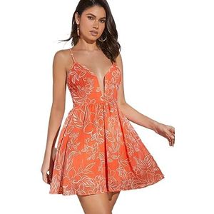 jurken voor dames Cami-jurk met tropische print for dames - Boho-stijl, bloemmotief, rugloos, mouwloos, hoge taille, korte lengte (Color : Orange, Size : L)