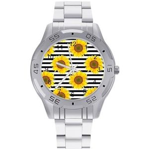 Zonnebloemen op Zwart Wit Gestreepte Mannen Zakelijke Horloges Legering Analoge Quartz Horloge Mode Horlo