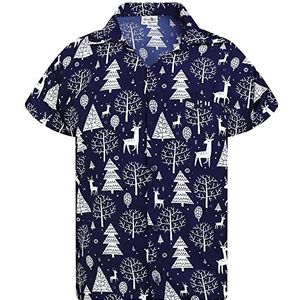 King Kameha Funky Hawaiiaans overhemd voor Kerstmis, heren, normale pasvorm, korte mouwen, kerstman, X-Mas, rendieren, uniseks, Rennen-allover-design-blauw, XL