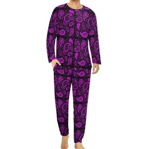 Paarse Paisley Comfortabele Heren Pyjama Set Ronde Hals Lange Mouw Loungewear met Zakken 5XL