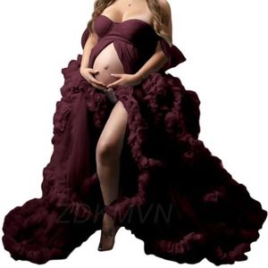 Off-shoulder geplooide moederschap tule gewaad voor fotoshoot zwangere ochtendjas pure lingerie nachthemd AH155, Bordeaux, 32
