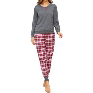 Mnemo Pyjama dames 100% katoen comfortabele pyjama dames katoen met ruitpatroon, grijs en rood., S