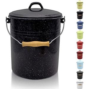 KRÜGER Vuilnisemmer met deksel, stalen afvalemmer met emaille coating en houten handvat, snij- en krasbestendig oppervlak, duurzaam en veelzijdig inzetbaar (10 liter, zwart-wit gespikkeld)