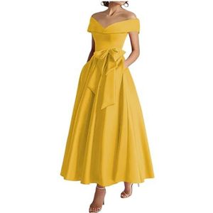 WSEYU Off Shoulder Moeder van De Bruid Bruidegom Jurken Satijn Boog Formele Avond Grootmoeder Jurken Thee Lengte ZM289, Geel, 32