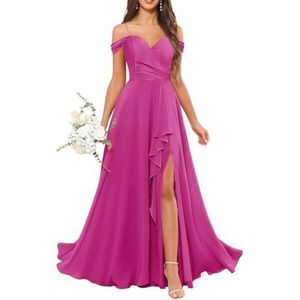 Chiffon bruidsmeisjesjurken voor dames, met split, lange baljurken, cocktailjurken, grote maten, roze (hot pink), 32