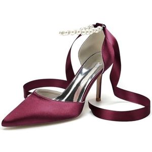 Vrouwen Lint Tie Parel Trouwschoenen Voor Bruid Hoge Hakken Bruidsschoenen Puntige Neus Satijnen Prom Feestjurk Pumps,Burgundy,35 EU