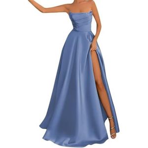BRIGOW Satijnen bruidsmeisjesjurk voor bruiloft met split mouwloze galajurken plooien cocktailjurk grote maten, Dusty Blauw, 32