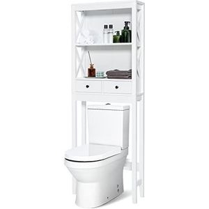 Badkamerruimtebesparend, opbergrek boven het toilet met laden en open planken, houten vrijstaande wasmachine-organizer (wit, met achterpaneel) (Color : White, Size : With Back Panel)
