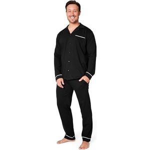 Herenpyjama-set - klassieke nachtkleding met lange mouwen en broekjes met knopen, gezellige katoenen loungewear M-3XL - nachtkleding geschenken voor hem, Zwart, 3XL
