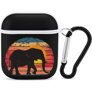 Retro Olifant Zonsondergang Leuke Case Cover Voor AirPods 2 & 1 Beschermhoes Met Sleutelhanger Geschenken Voor Mannen Vrouwen