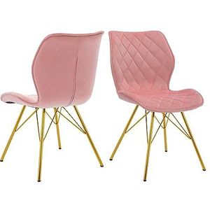 Duhome Set van 2 fluwelen gestoffeerde stoelen met metalen frame, retro design, make-uptafel, stoel met rugleuning, lichtroze