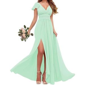 Chiffon bruidsmeisjes jurken met mouw - V-hals Empire taille plooi formele jurk, Munt, 34