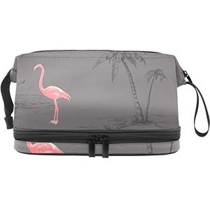 Multifunctionele opslag reizen cosmetische tas met handvat,Grote capaciteit reizen cosmetische tas,houtskool & roze flamingo, Meerkleurig, 27x15x14 cm/10.6x5.9x5.5 in
