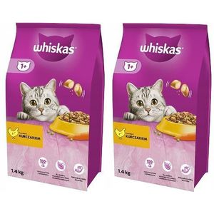Whiskas Adult 1+ droogvoer voor katten met kip, 2 zakken, 2 x 1,4 kg, hoogwaardig droogvoer voor volwassen katten vanaf 1 jaar, verschillende productverpakkingen verkrijgbaar