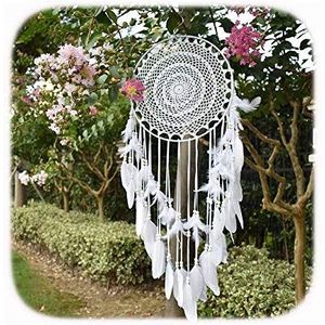 EasyBravo Grote dromenvanger in boho-stijl, met witte veren, macramé wanddecoratie voor vintage bruiloft of wooninterieur, 35 cm cirkel, 115 cm lang, wit