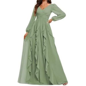 Prinses Bruidsmeisje Jurken Lange Mouw Prom Jurken V-hals Chiffon Formele Avond Party Maxi Jurk ZM208, Stoffige Salie, 32