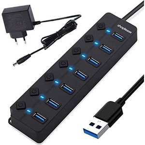USB 3.0 Splitter met 5 V/2 A Adapter, 7 poorten USB-verlenging met individuele aan/uit schakelaar, draagbare uitbreidingsdata-hub