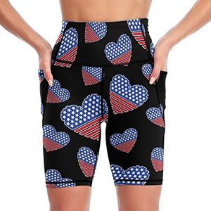 Amerikaanse vlag hart vrouwen yoga biker shorts hoge taille workout broek met zakken