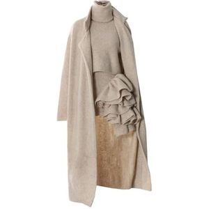 MLSHWUG Dames Gebreide 3-Delige Set Lange Overjas Hoge Hals Mouwloze Vest 3D Bloemen Rok,Khaki,L