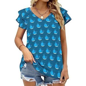 Funny Whales Casual tuniek tops ruches korte mouwen T-shirts V-hals blouse T-shirt
