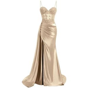 KIYNE Spaghetti Strap Satijn Galajurken met Split Kant Applique Zeemeermin Baljurk Floor Lengte Corset Formele Jurk, Champagne, 34