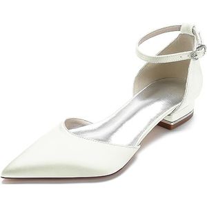 Bruidsschoenen voor Dames Comfortabele Enkelband Sandalen Lage Hakken Satijn Trouwschoenen,ivoor,38 EU