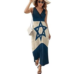 Vintage Israëlische vlag dames maxi lange jurk V-hals mouwloze tank zonnejurk zomer
