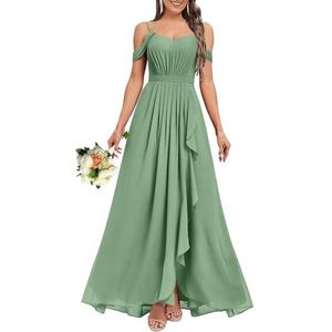 HPPEE Dames V-hals koude schouder bruidsmeisjes jurken met split ruches chiffon formele avondjurk, Eucalyptus, 32