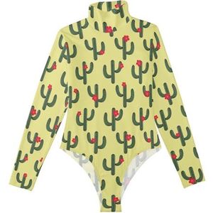 LI ZHI XIN Rompertje met lange mouwen voor dames, eendelige jumpsuit met hoge hals, coltrui, turnpakje, top voor meisjes, dans, workout, fitness, bodysuit met tropische cactus, cartoonpatroon