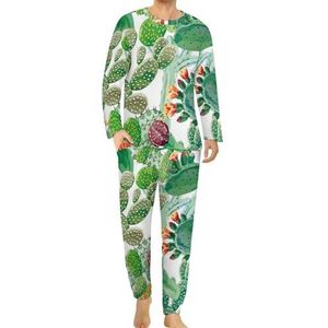 Cactus met oranje bloemen comfortabele heren pyjama set ronde hals lange mouwen loungewear met zakken 3XL