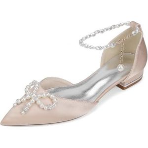 Dames Klassieke Puntige Neus Bruiloft Platte Satijnen Sandalen Parels Enkelbandje Lage Hak Prom Party Dress Schoenen,Champagne,36 EU
