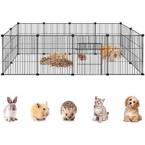 YRHome Vrijloophok voor konijnen, hazen, cavia's, omheining, vrijloop, hamsters, puppyverblijf voor kleine dieren, konijnenhok, box voor kleine dieren, 12 platen met deuren, zwart, 142 x 72 x 36 cm