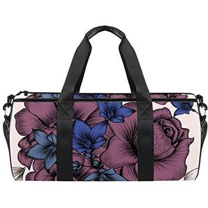 Reizen strandtassen, grote sport gym overnachting plunjezak vintage bloemen gegraveerd handgetekende bloemen print schoudertas met droge natte zak