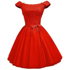 YIANN Off-shoulder satijnen thuiskomst jurken voor tieners met kanten applicatie mouwloze A-lijn baljurk korte galajurk, Rood, 32