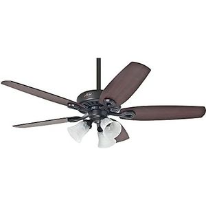 HUNTER FAN Plafondventilator Builder Plus 132 cm binnenmet licht en trekkoord, brons nieuw, 5 omkeerbare vleugels in Braziliaanse kersenboom en walnoot geel, modelnr. 50562