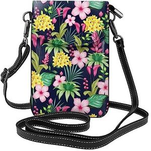 Hawaiiaanse kleurrijke bloem lederen cross body flip telefoontas met afneembare schouderbanden, gebruikt voor reizen, dating, vakantiegeschenken, Zwart, Eén maat
