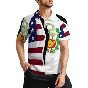 Amerikaanse en Peruaanse vlag heren golf poloshirts klassieke pasvorm korte mouw T-shirt gedrukt casual sportkleding top XL